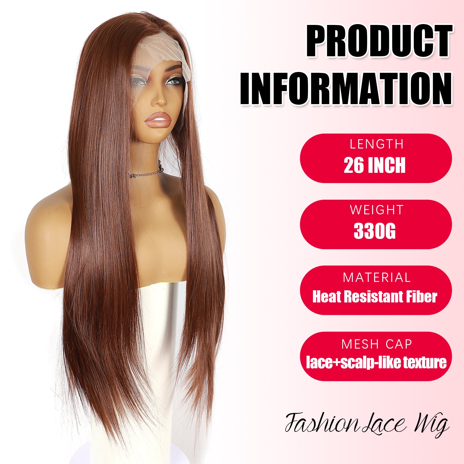 ModeMuse 26 Inch Auburn Brown Straight Synthetic Lace Front Wig with Natural Part – FT267#33/30