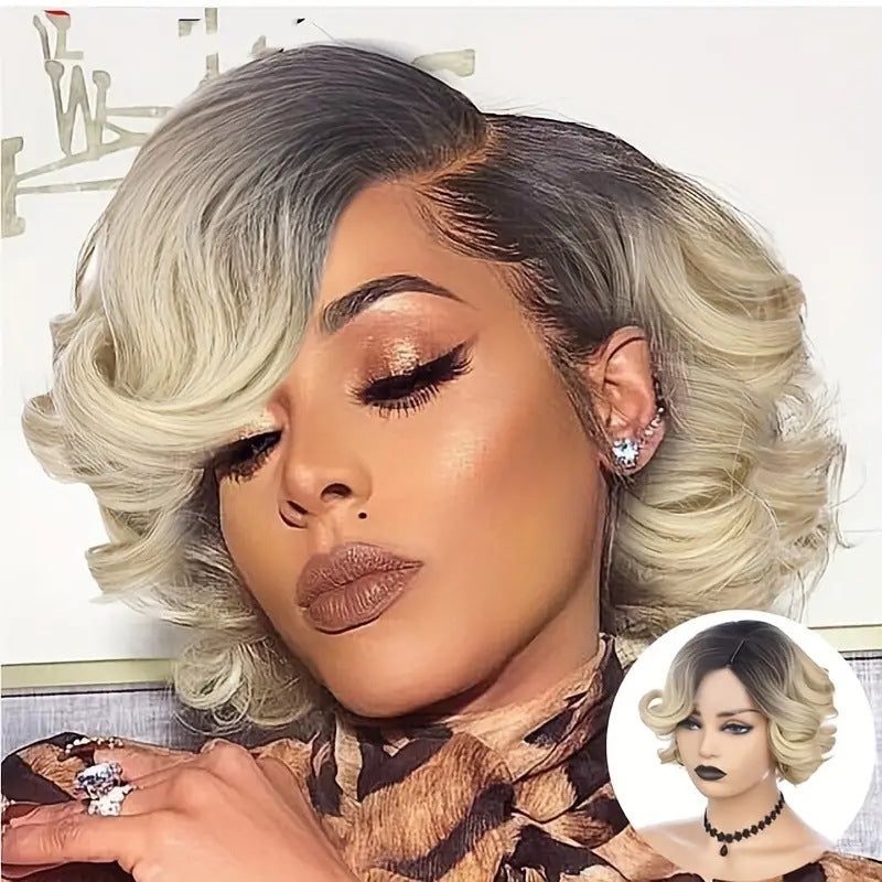 ModeMuse Short Curly Blonde Lace Front Wig – Dark Root Ombre Bob, Beginner Friendly Synthetic Wig, Natural Hairline