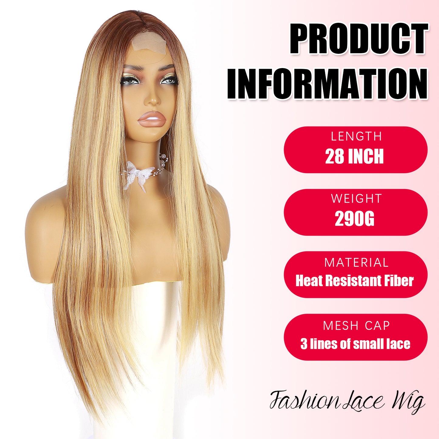 ModeMuse 28" Blonde Straight Lace Front Wig – Dark Root Long Sleek Synthetic Wig with Soft Glam Finish (XT279)