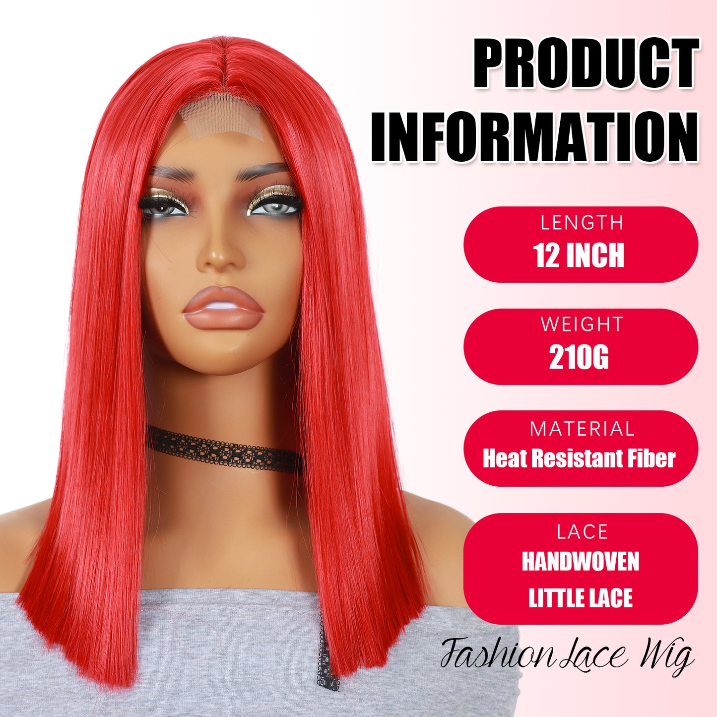 ModeMuse 12" Red Straight Bob Lace Front Wig – Sleek Blunt Cut, Bold Statement Short Wig, Heat Resistant Synthetic
