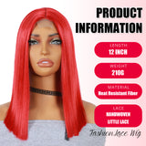 ModeMuse 12" Red Straight Bob Lace Front Wig – Sleek Blunt Cut, Bold Statement Short Wig, Heat Resistant Synthetic