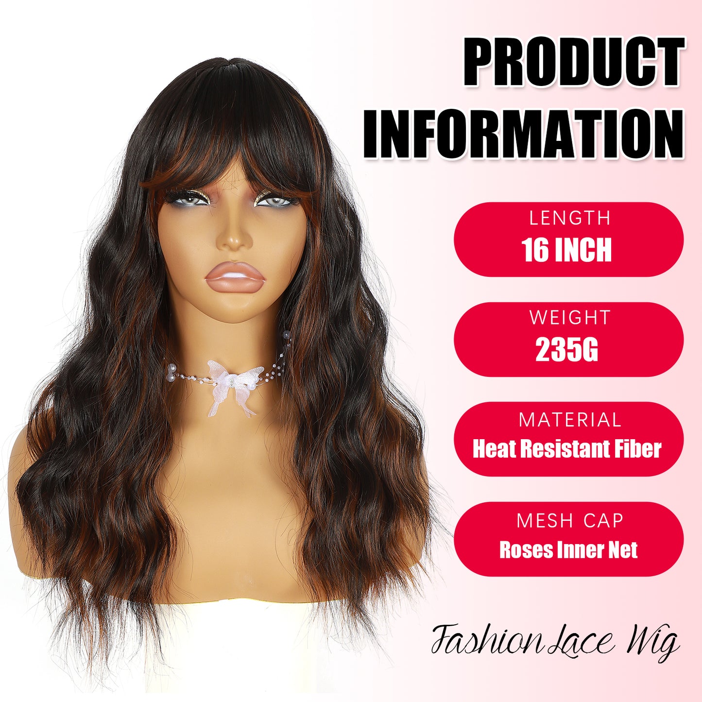 modemuse | Black Brown Ombre Wavy Wig With Bangs Synthetic Heat Resistant Daily Style