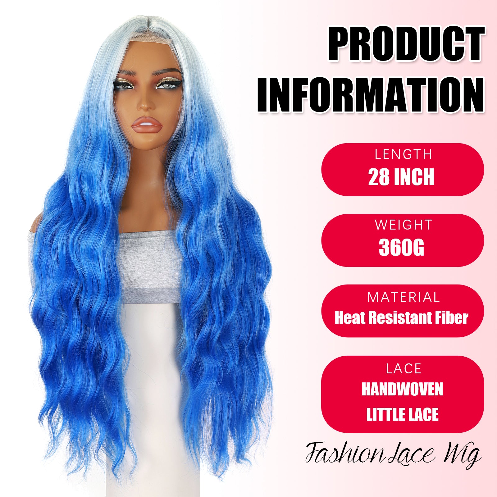 ModeMuse | Ombre Blue Long Lace Wig White to Blue Wavy Synthetic Wig Daily & Cosplay & Festival Wear