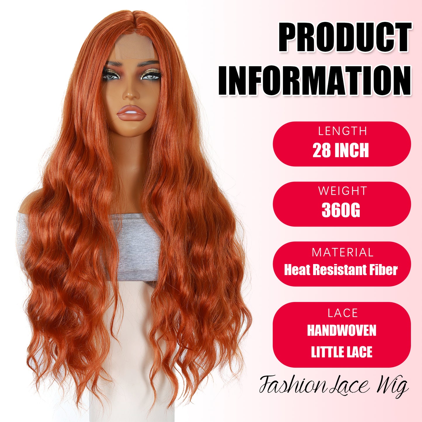 modemuse | Ginger Auburn Long Wavy Synthetic Lace Wig Natural Middle Part Realistic Scalp Event Mode & Daily & Cosplay Wear