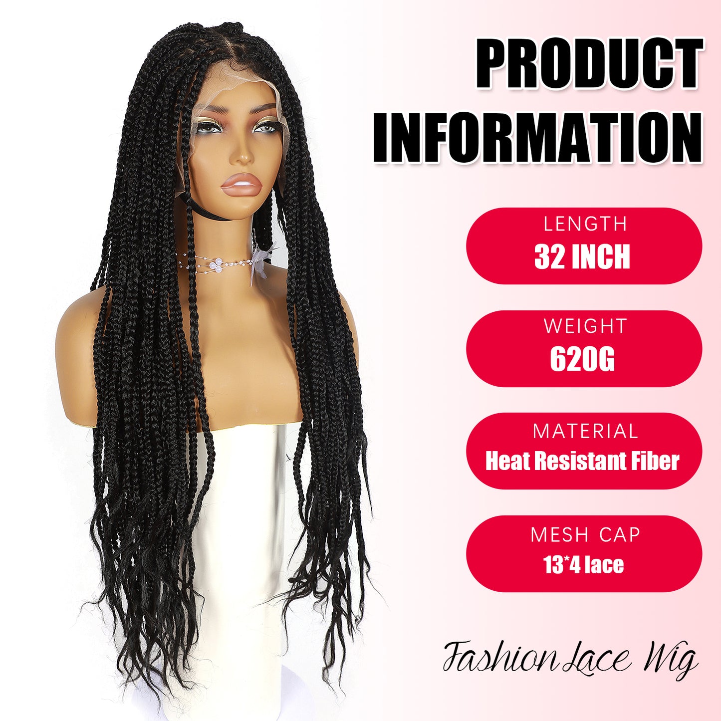 ModeMuse 32" Extra Long Braided Lace Front Wig – 13x4 Hand-Braided Black Protective Style Wig, Free Part Synthetic Wig