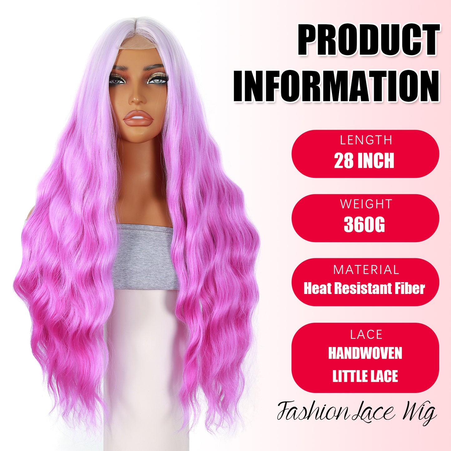 ModeMuse 28" Long Pink Ombre Lace Front Wig – Wavy Pastel to Hot Pink Gradient, Statement Party Wig, Heat Resistant Synthetic