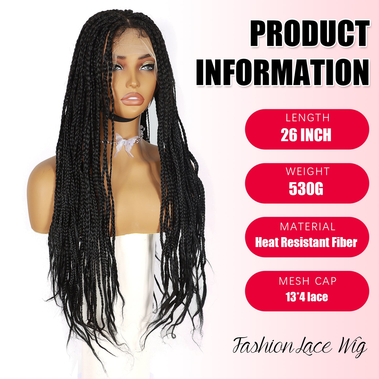 ModeMuse 26" Braided Lace Front Wig – 13x4 Hand-Braided Long Black Protective Style Wig, Free Part Synthetic Wig