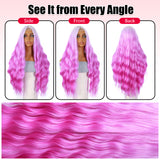 ModeMuse 28" Long Pink Ombre Lace Front Wig – Wavy Pastel to Hot Pink Gradient, Statement Party Wig, Heat Resistant Synthetic