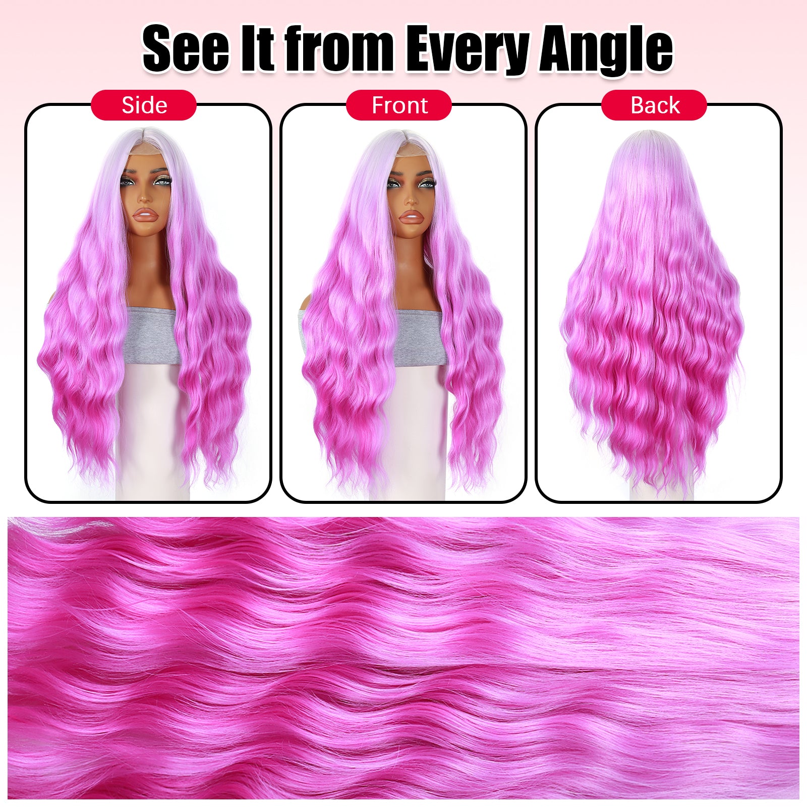 ModeMuse 28" Long Pink Ombre Lace Front Wig – Wavy Pastel to Hot Pink Gradient, Statement Party Wig, Heat Resistant Synthetic