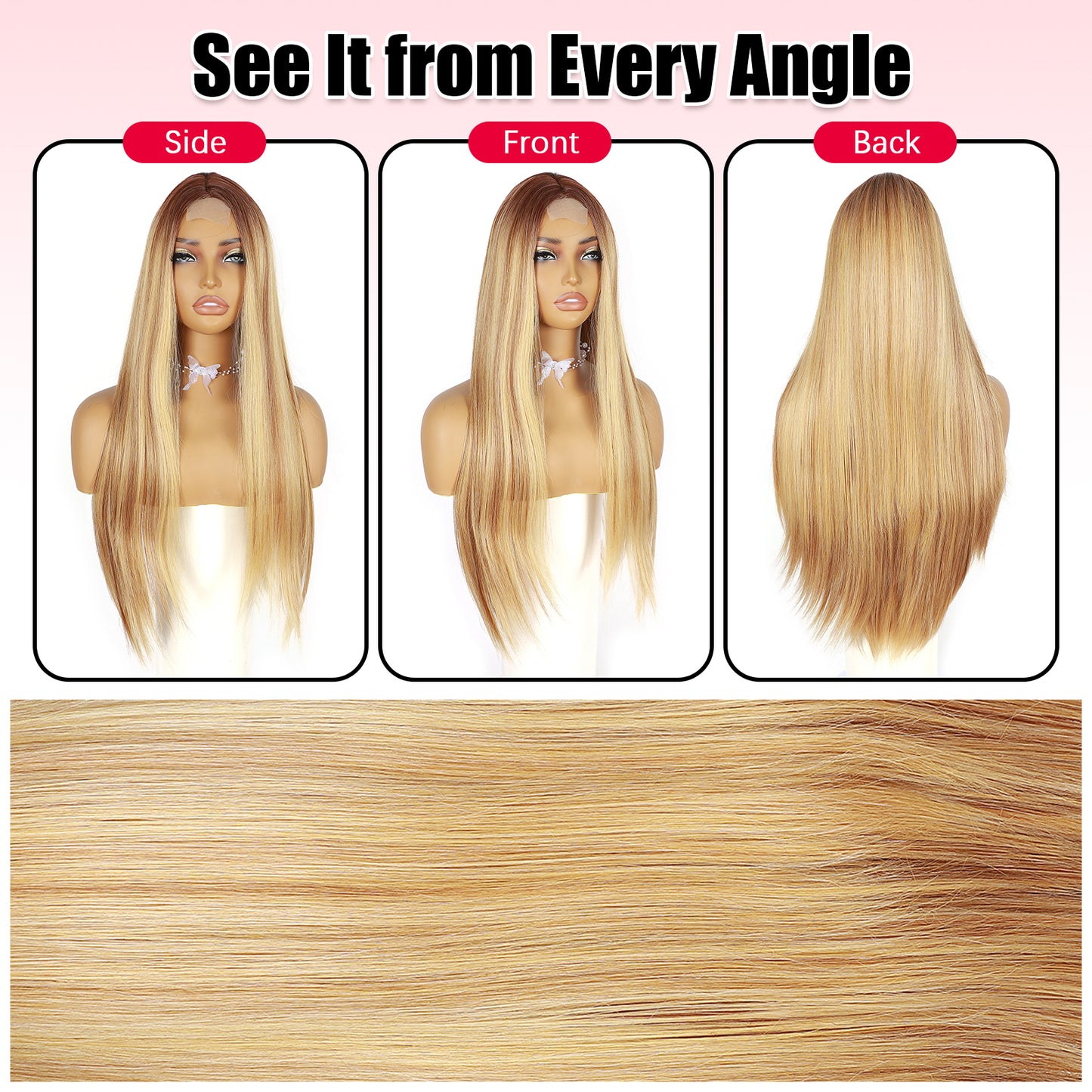 ModeMuse 28" Blonde Straight Lace Front Wig – Dark Root Long Sleek Synthetic Wig with Soft Glam Finish (XT279)