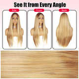 ModeMuse 28" Blonde Straight Lace Front Wig – Dark Root Long Sleek Synthetic Wig with Soft Glam Finish (XT279)