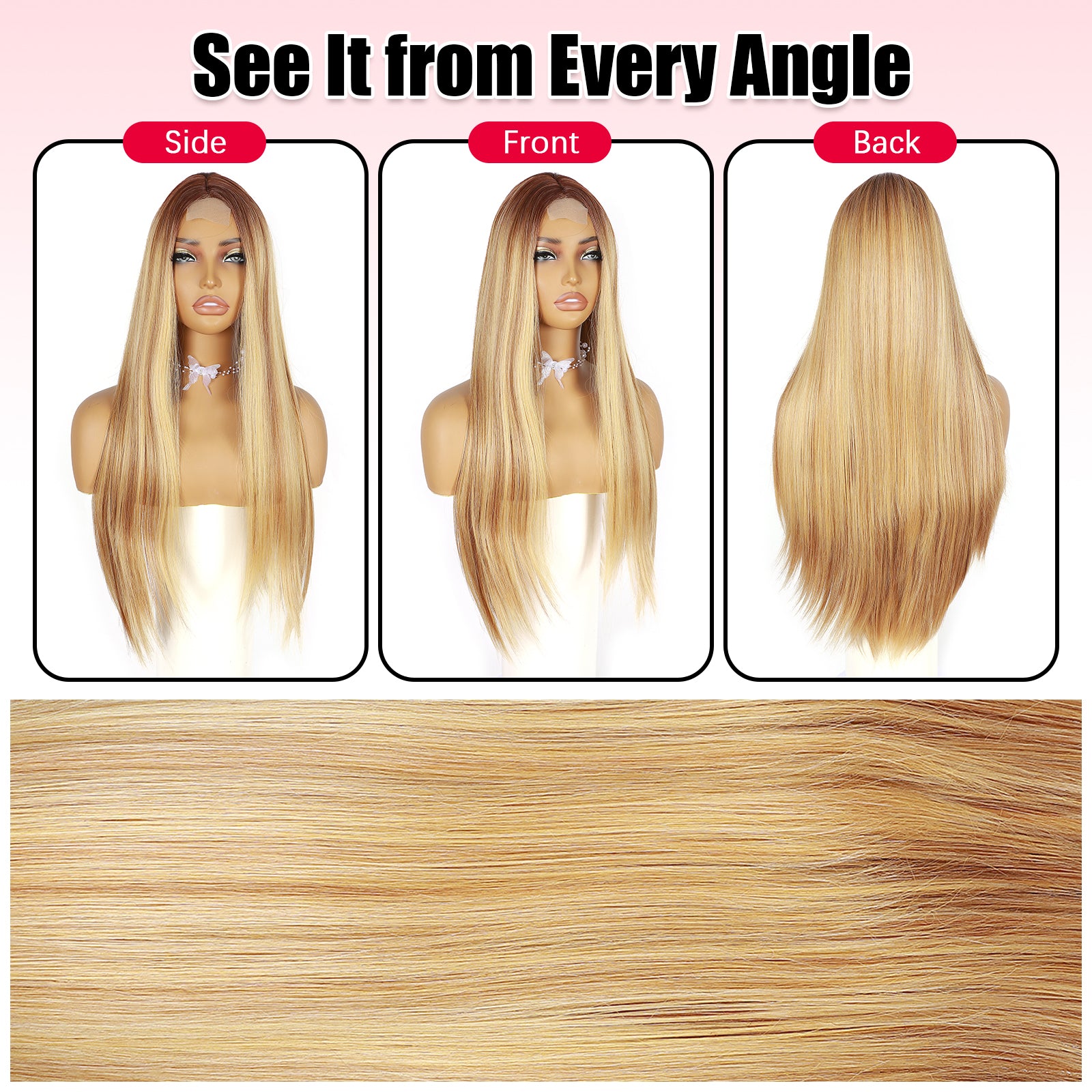 ModeMuse 28" Blonde Straight Lace Front Wig – Dark Root Long Sleek Synthetic Wig with Soft Glam Finish (XT279)