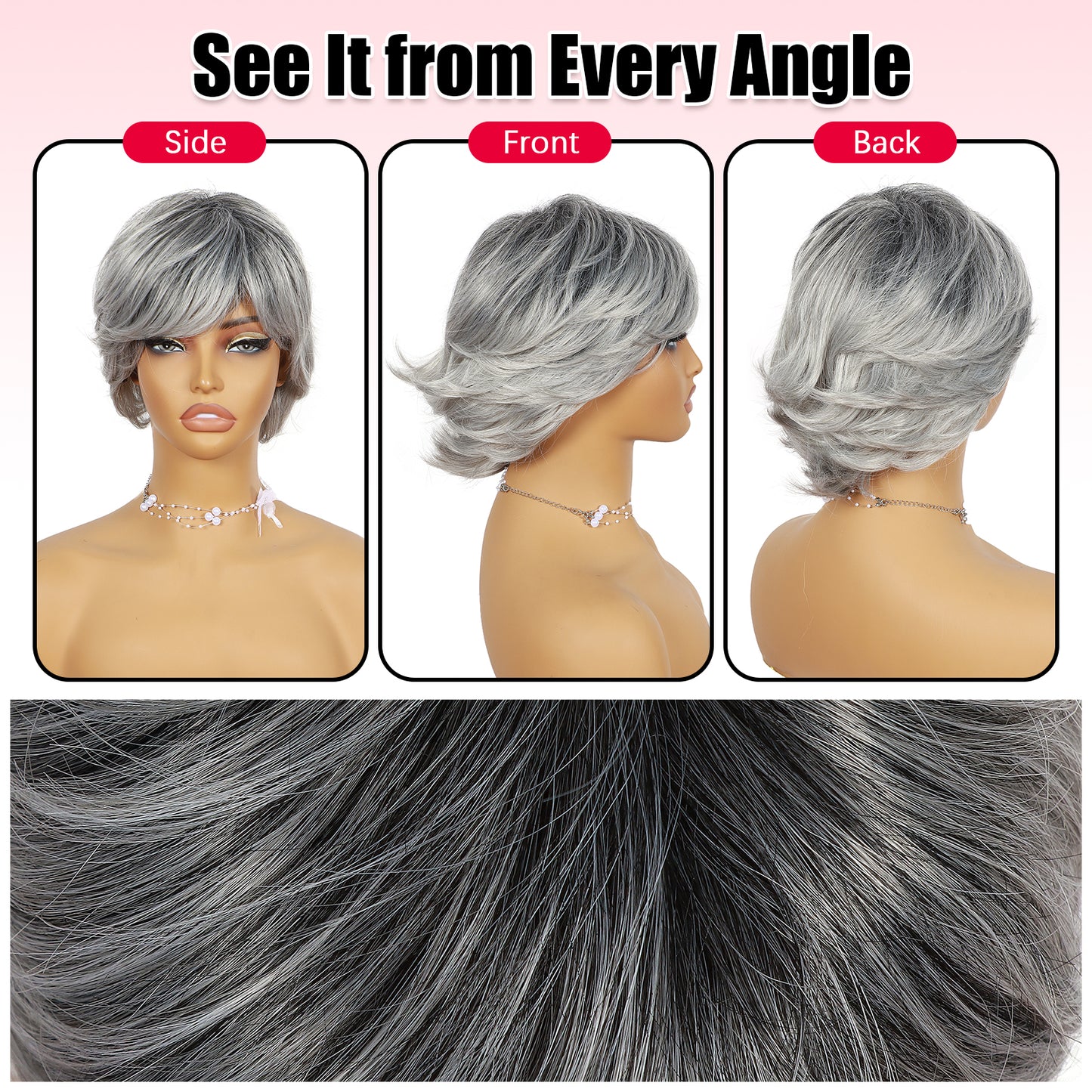 ModeMuse | Short Silver Gray Pixie Wig Synthetic Heat Resistant Fiber Glueless Daily Party Elf Wig for Women