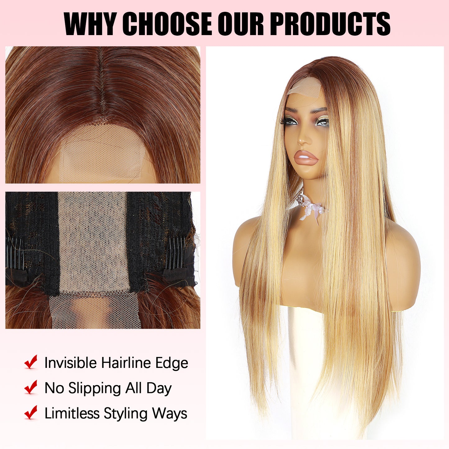 ModeMuse 28" Blonde Straight Lace Front Wig – Dark Root Long Sleek Synthetic Wig with Soft Glam Finish (XT279)