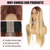 ModeMuse 28" Blonde Straight Lace Front Wig – Dark Root Long Sleek Synthetic Wig with Soft Glam Finish (XT279)