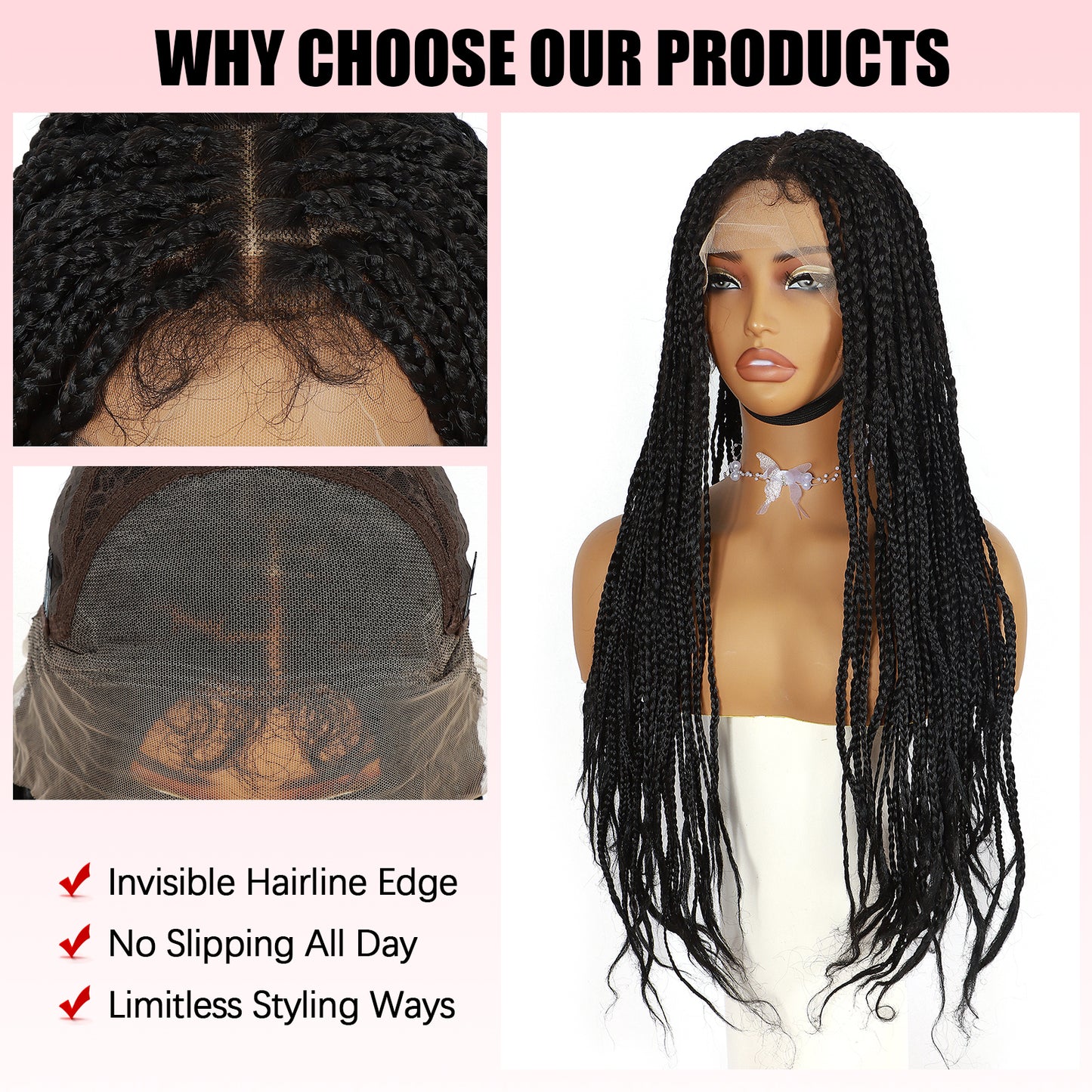 ModeMuse 26" Braided Lace Front Wig – 13x4 Hand-Braided Long Black Protective Style Wig, Free Part Synthetic Wig
