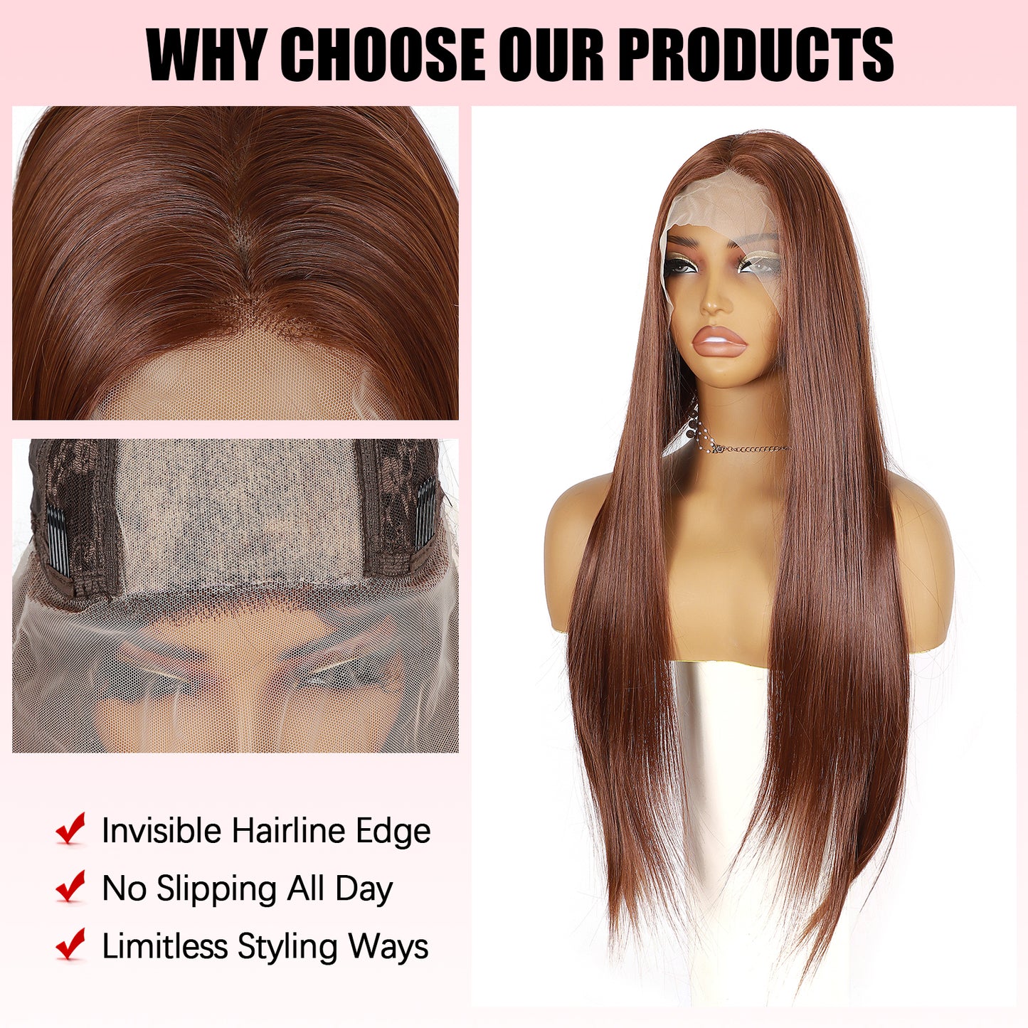 ModeMuse 26 Inch Auburn Brown Straight Synthetic Lace Front Wig with Natural Part – FT267#33/30
