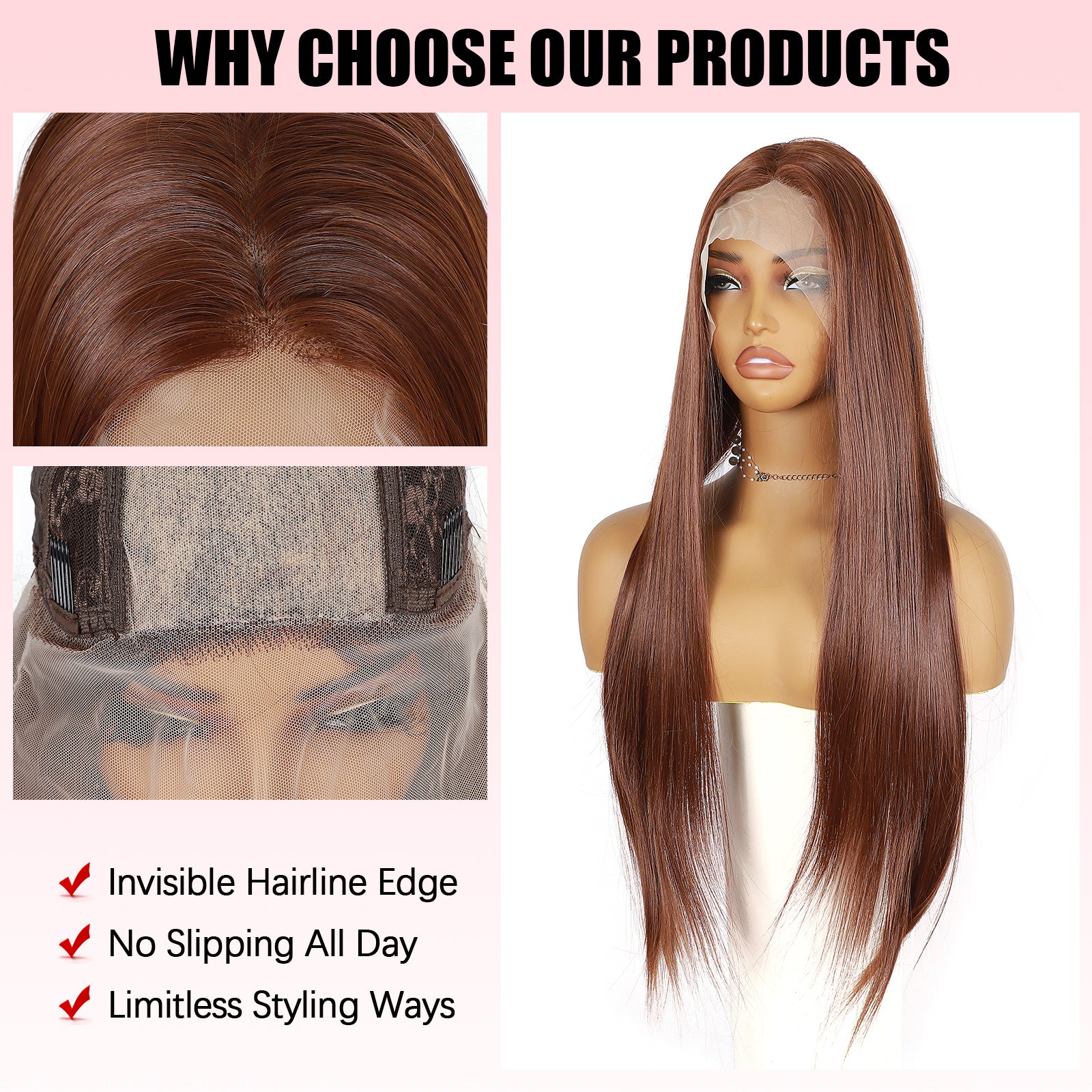 ModeMuse 26 Inch Auburn Brown Straight Synthetic Lace Front Wig with Natural Part – FT267#33/30