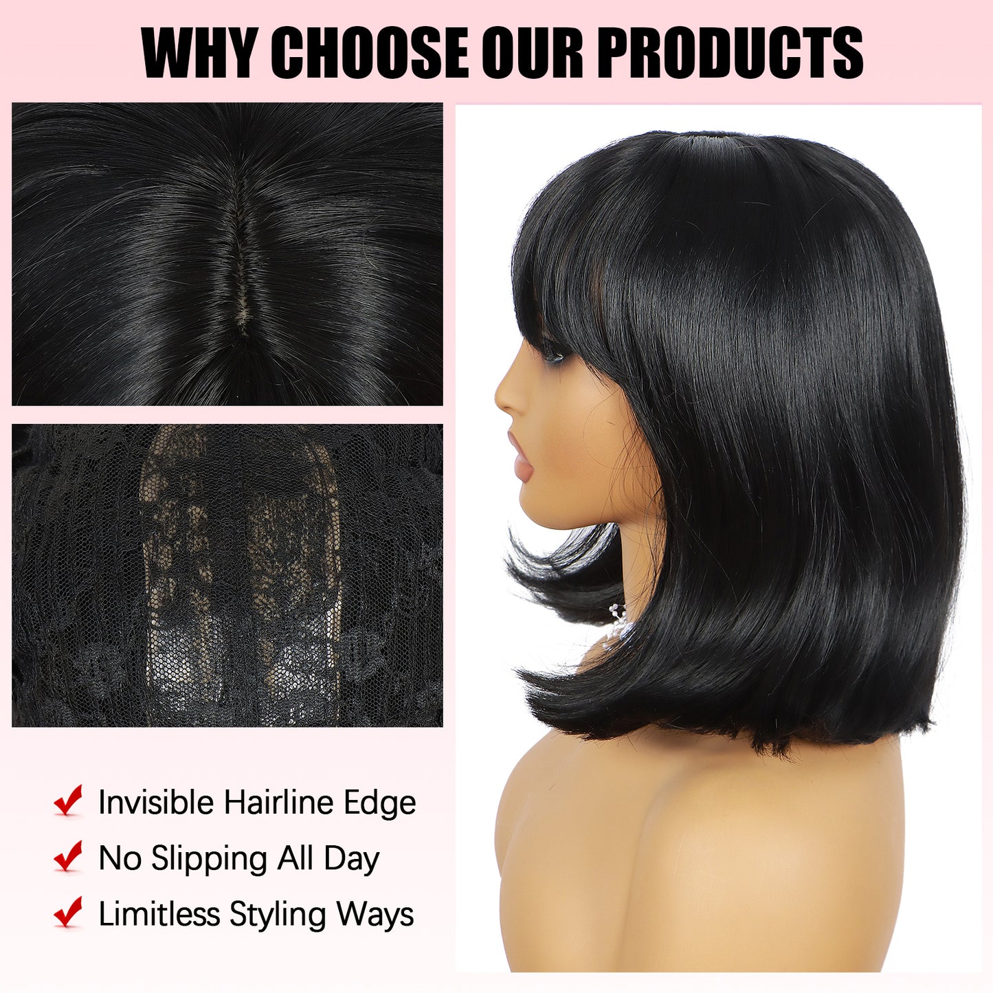 ModeMuse | Black Straight Bob Wig With Bangs Synthetic Heat Resistant Daily Style