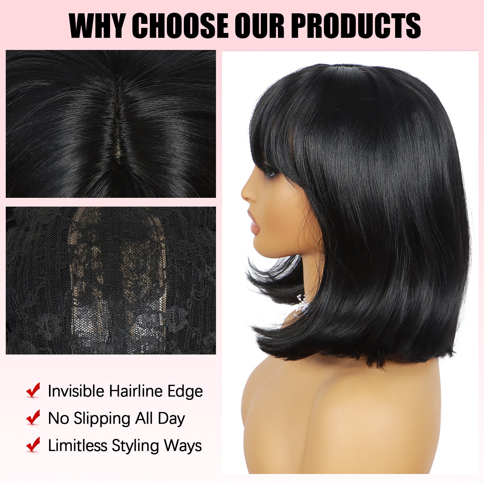 ModeMuse | Black Straight Bob Wig With Bangs Synthetic Heat Resistant Daily Style