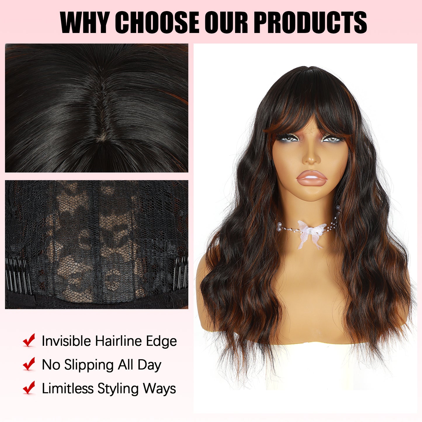 modemuse | Black Brown Ombre Wavy Wig With Bangs Synthetic Heat Resistant Daily Style