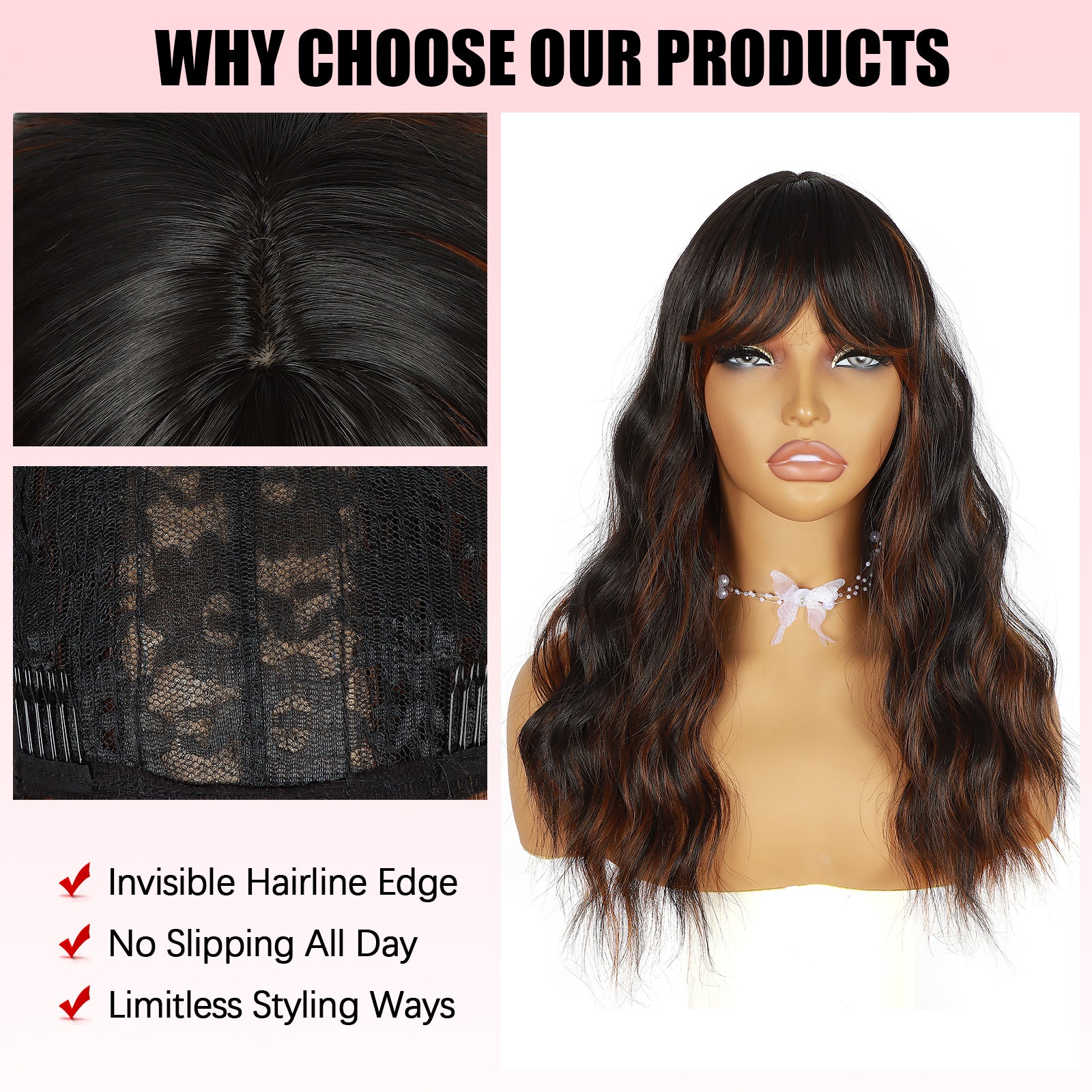 modemuse | Black Brown Ombre Wavy Wig With Bangs Synthetic Heat Resistant Daily Style
