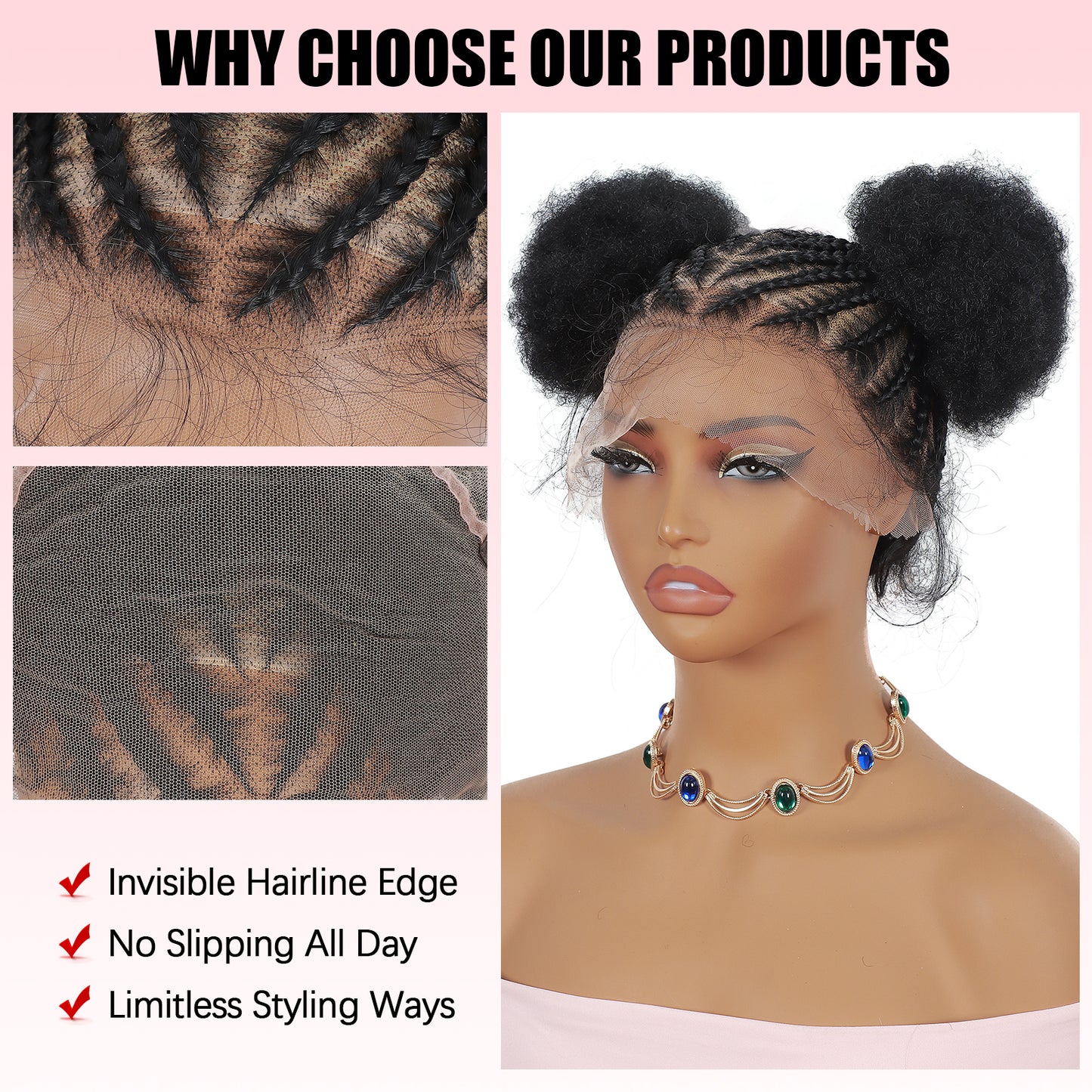 ModeMuse | Full Lace Braided Wig 1B – Hand-Braided Cornrow Buns, Baby Hair, Protective Style Wig, Ready-to-Wear