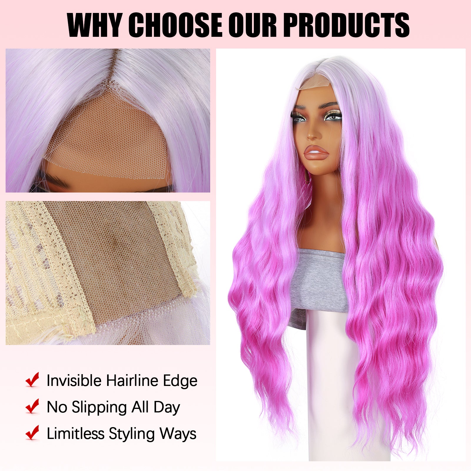ModeMuse 28" Long Pink Ombre Lace Front Wig – Wavy Pastel to Hot Pink Gradient, Statement Party Wig, Heat Resistant Synthetic