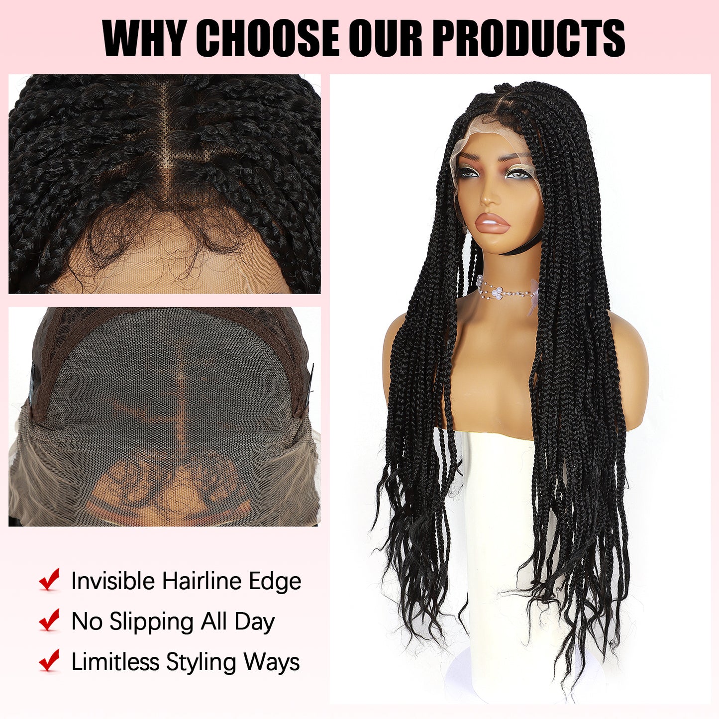 ModeMuse 32" Extra Long Braided Lace Front Wig – 13x4 Hand-Braided Black Protective Style Wig, Free Part Synthetic Wig