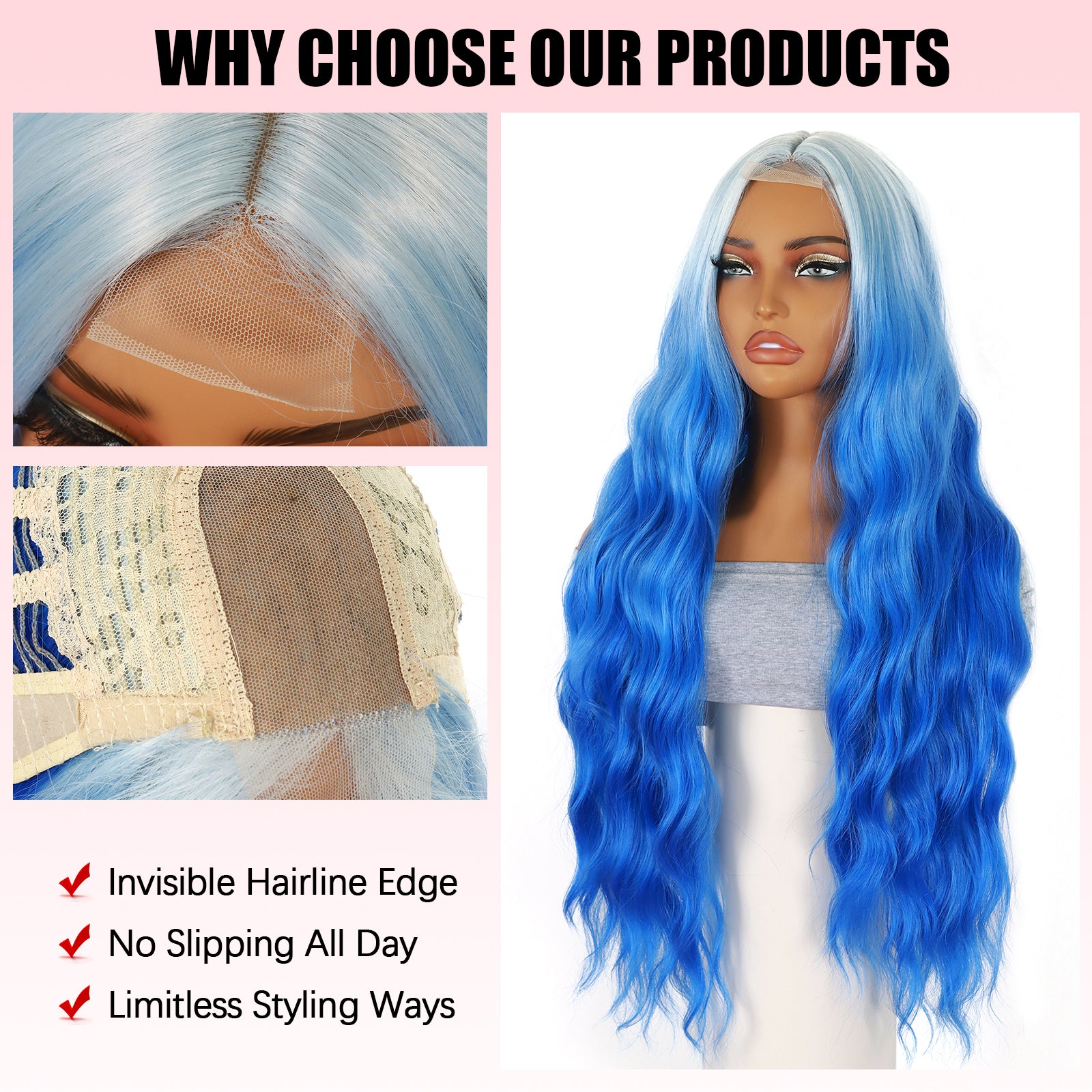 ModeMuse | Ombre Blue Long Lace Wig White to Blue Wavy Synthetic Wig Daily & Cosplay & Festival Wear