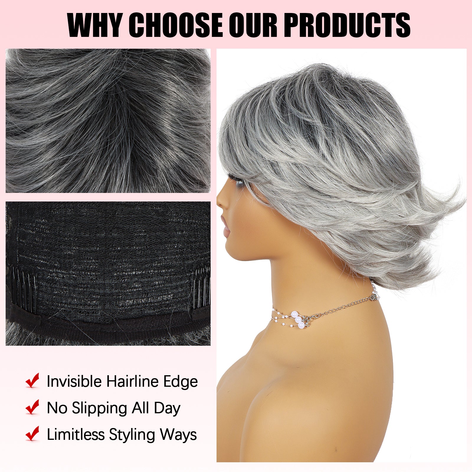 ModeMuse | Short Silver Gray Pixie Wig Synthetic Heat Resistant Fiber Glueless Daily Party Elf Wig for Women