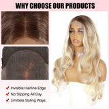 ModeMuse 22" Blonde Wavy Lace Front Wig – 13x4 Free Part Brown to Gold Gradient Long Glam Synthetic Wig