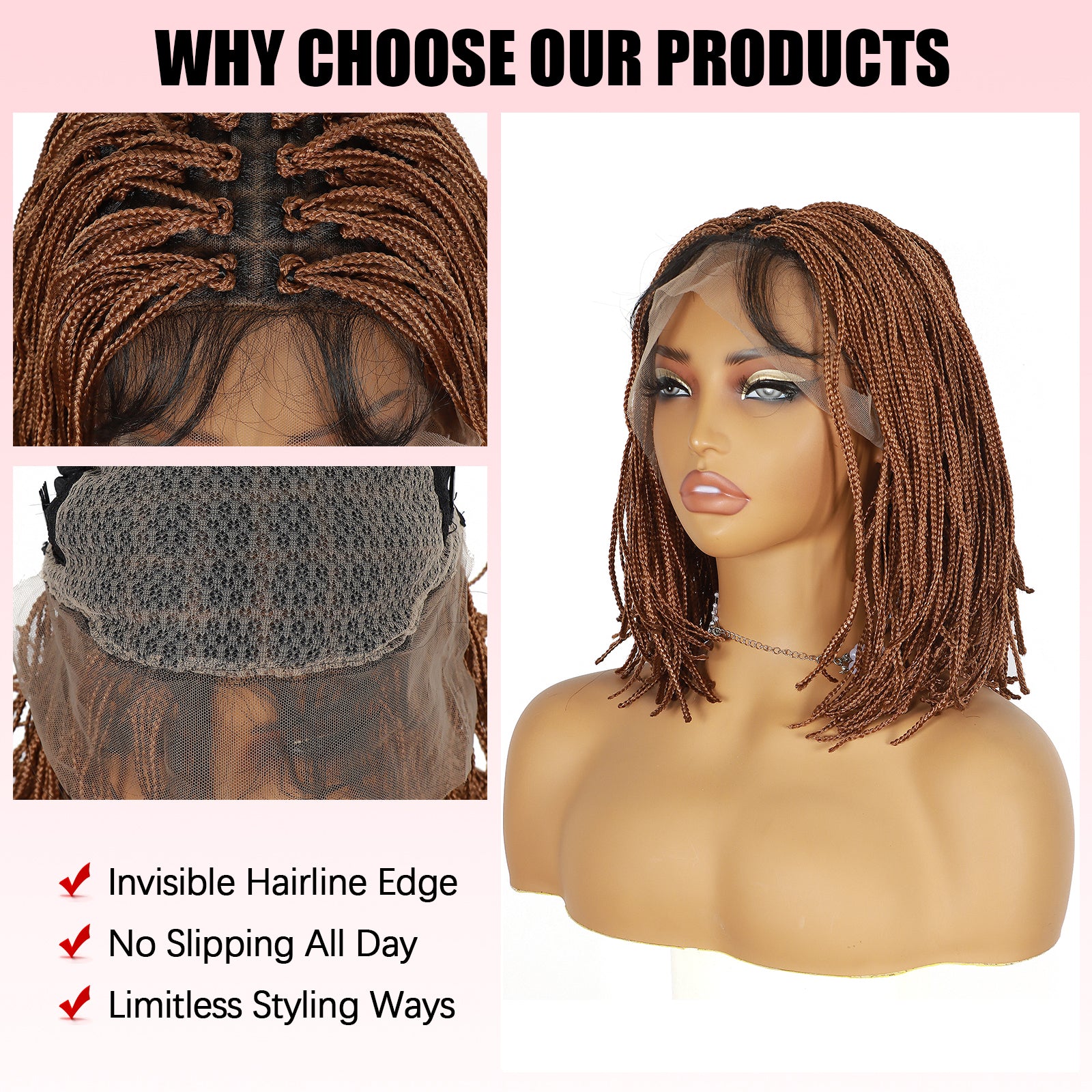 ModeMuse 13x7 Lace Braided Bob Wig – Brown Micro Braids Synthetic Wig with Baby Hair FT108#30