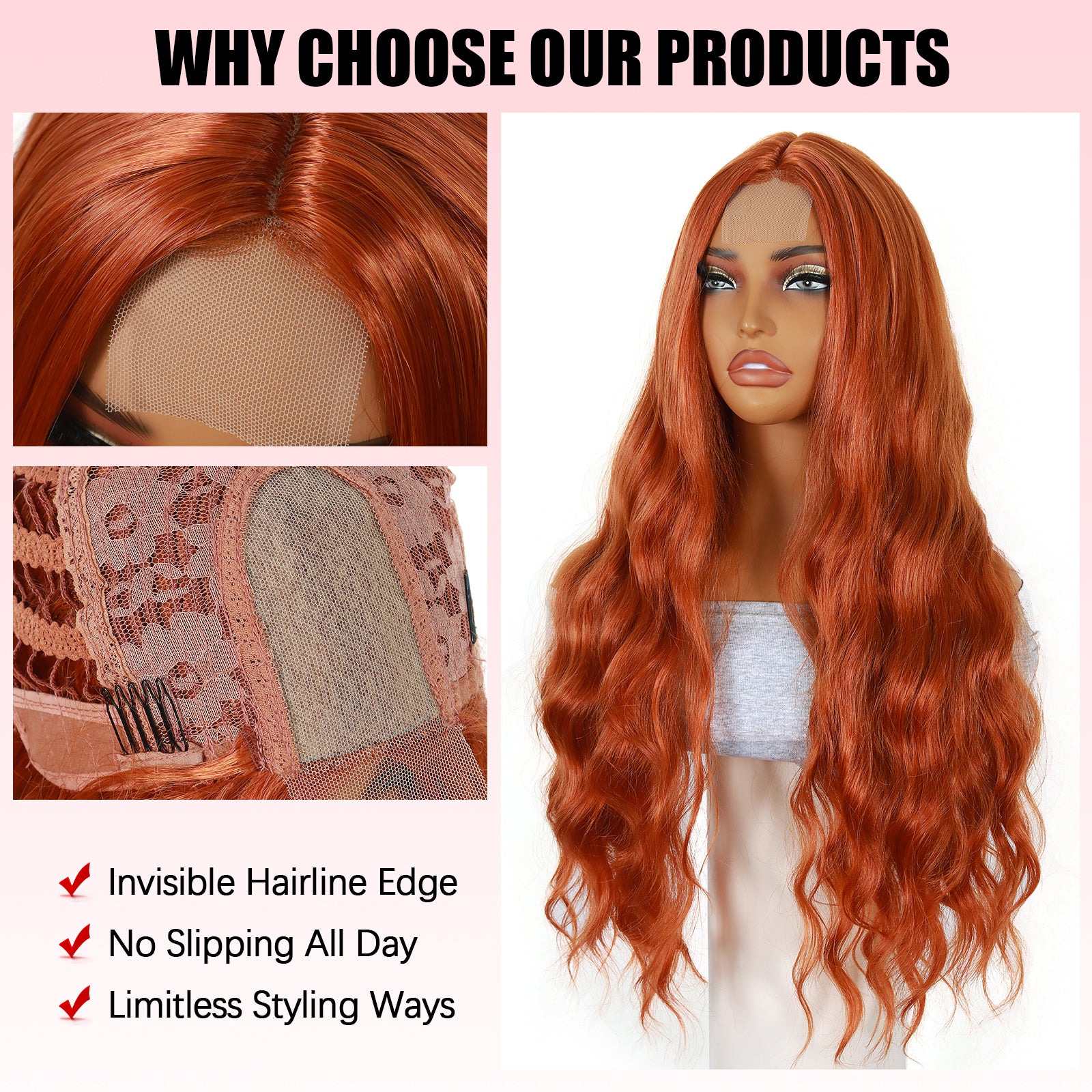 modemuse | Ginger Auburn Long Wavy Synthetic Lace Wig Natural Middle Part Realistic Scalp Event Mode & Daily & Cosplay Wear