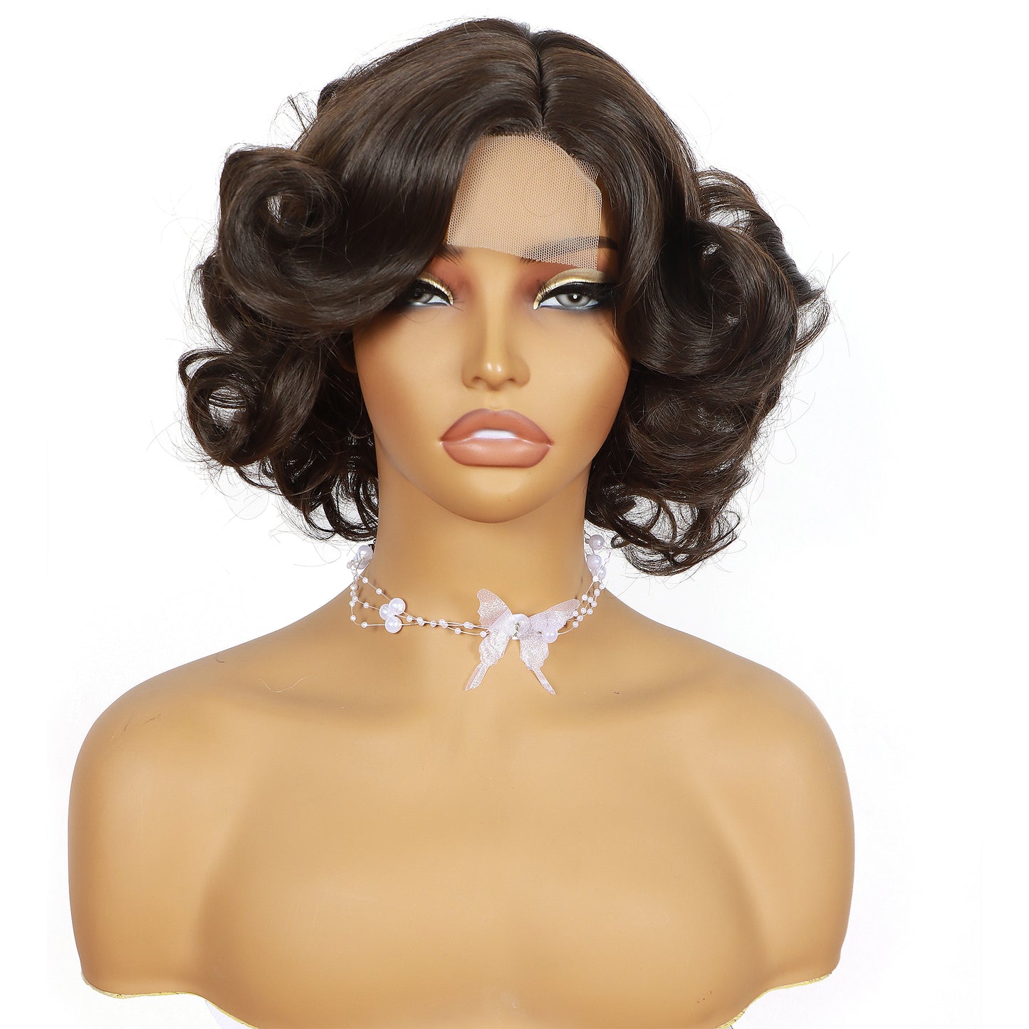 ModeMuse Vintage Curly Bob Wig – Dark Brown Short Glam Wig with Lace Front Detail, Soft Synthetic Curls (XT280)