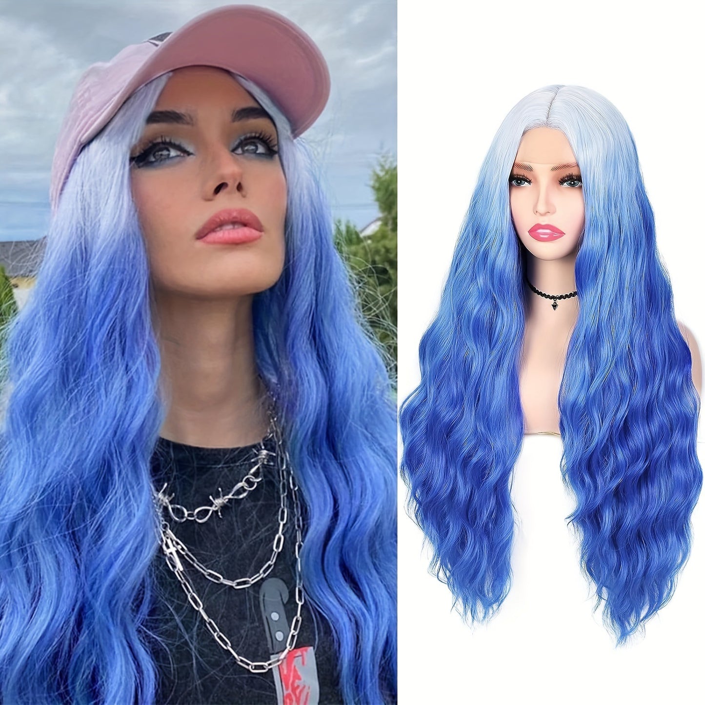 ModeMuse | Ombre Blue Long Lace Wig White to Blue Wavy Synthetic Wig Daily & Cosplay & Festival Wear